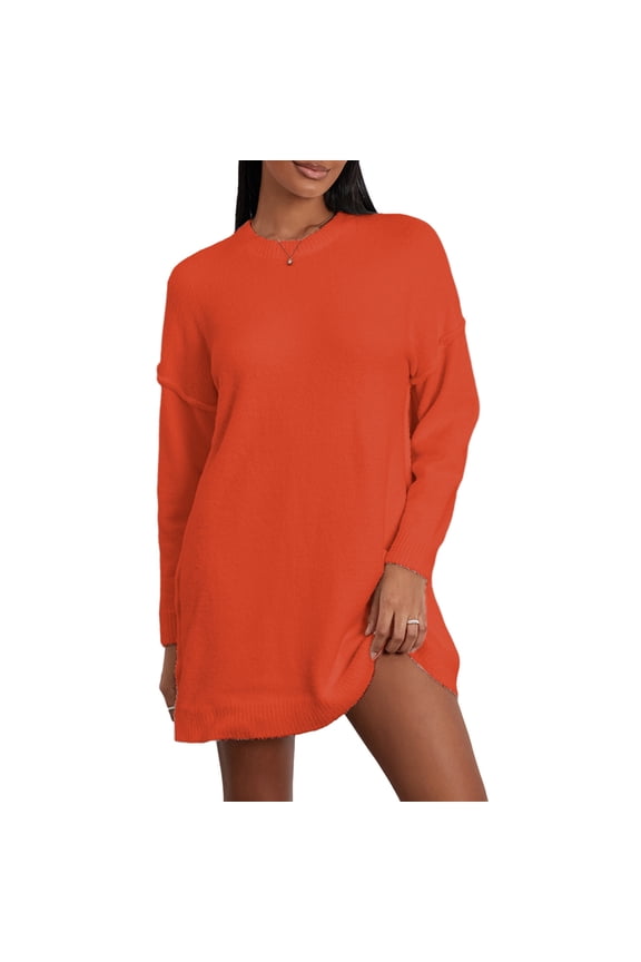 Women's Autumn Winter Knit Sweater Solid Color Long Sleeve Crewneck Long Knitwear