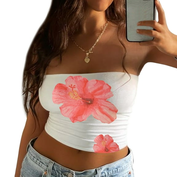 Musuos Women's Bandeau Tops Floral Print Boat Neck Slim Fit Summer Tube Tops Streetwear
