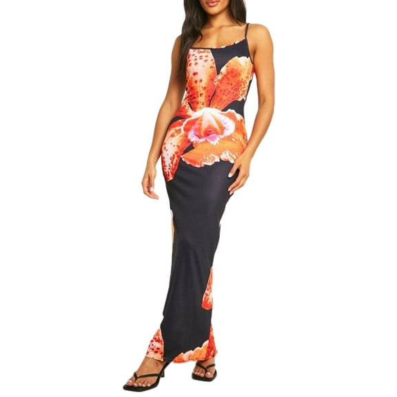 Musuos Women's Bodycon Cami Long Dress Spaghetti Strap Low Cut Open Back Floral Party Dresses
