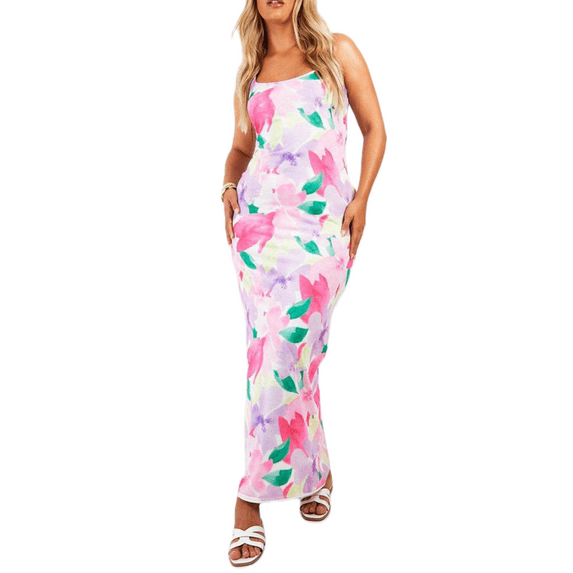 Musuos Women's Bodycon Cami Long Dress Spaghetti Strap Low Cut Open Back Floral Party Dresses