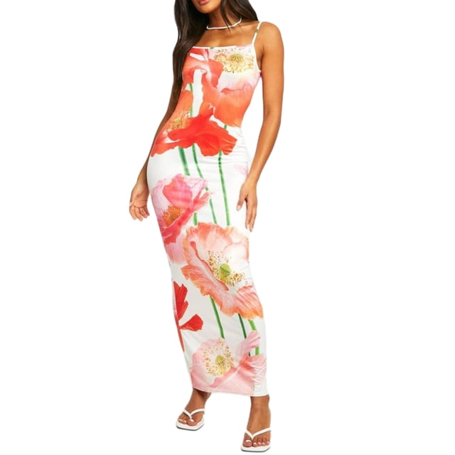 Floerns Women's Floral Spaghetti Strap Dress – Ruched Bust, Thigh Split, Long Cami Dress For Summer