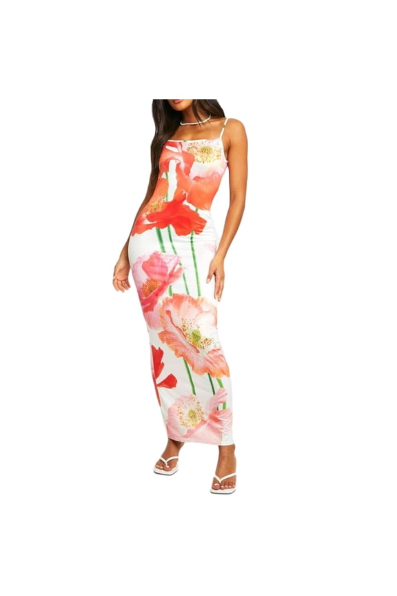 Women's Bodycon Cami Long Dress Spaghetti Strap Low Cut Open Back Floral Party Dresses