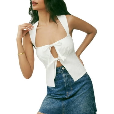 Musuos Women's Bow Tie Front Tank Tops Sleeveless Square Neck Open Back Solid Color/Floral Vest