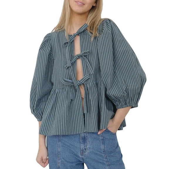 Musuos Women’s Bow Tie Front Tops Puff 3/4 Sleeve Round Neck Striped Print Babydoll Shirts Spring Fall Casual Blouses