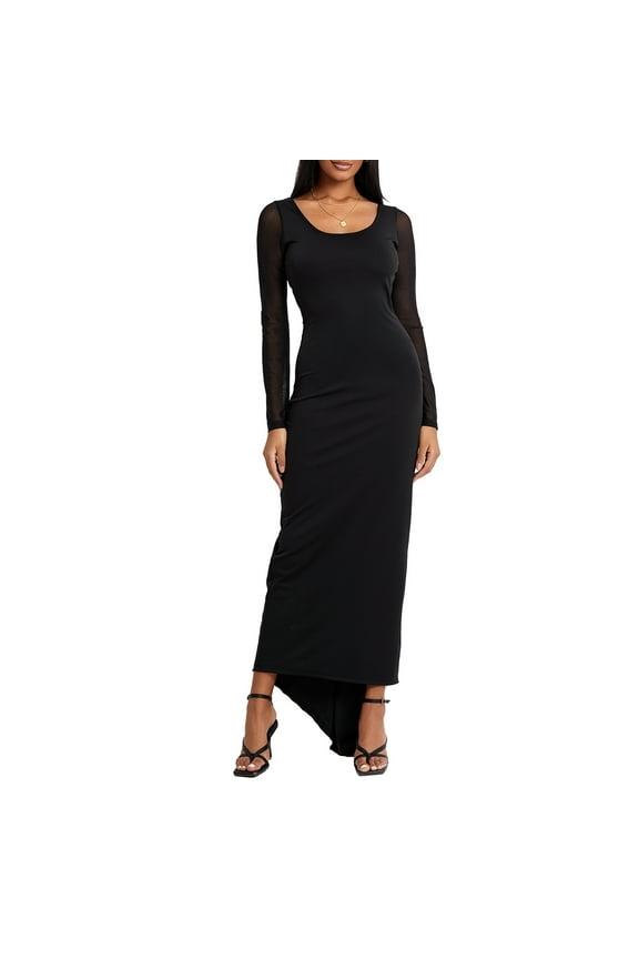 Women's Boydon Long Dress Black Long Mesh Sleeve U-Neck Open Back Ruched Dress Party Gown Evening Dress