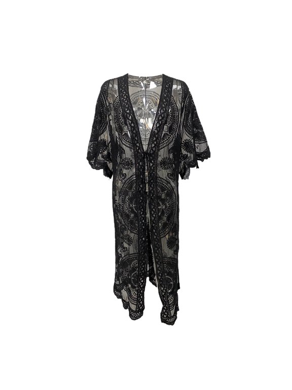 Women's Cardigan, Loose Long Sleeve Lace Embroidery Print Cardigan Smock for Vacation Travelling Party