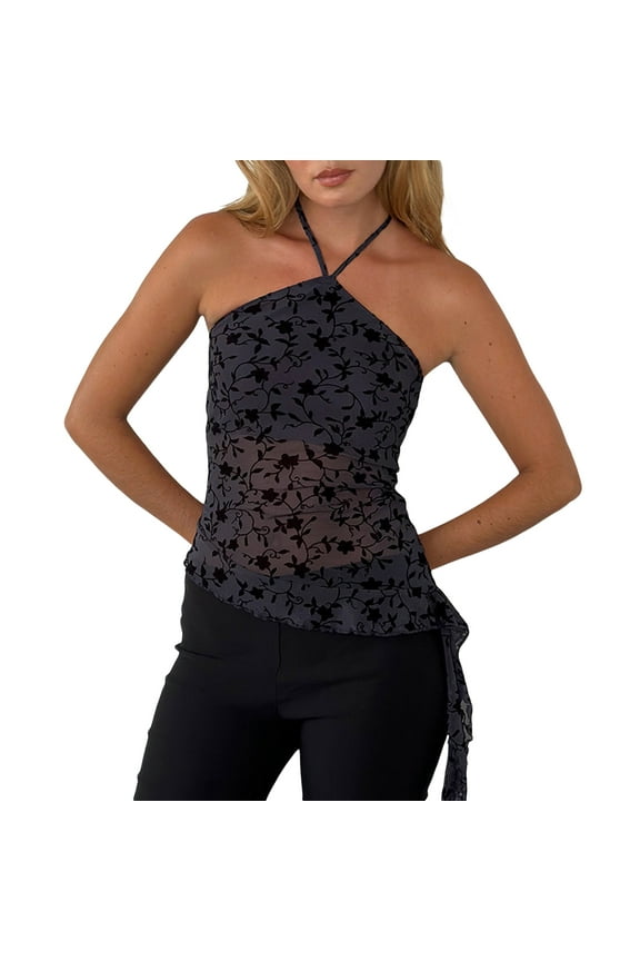 Women's Casual Halter Tops Sleeveless Backless Slim Fit See Through Irregular Hem Flower Print Crop Top