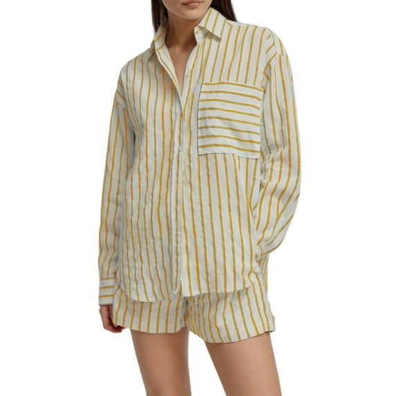 Musuos Women's Casual Loose Striped Outfit, Lapel Neck Long Sleeve Button Down Shirt + Shorts with Pockets 2 Piece Set