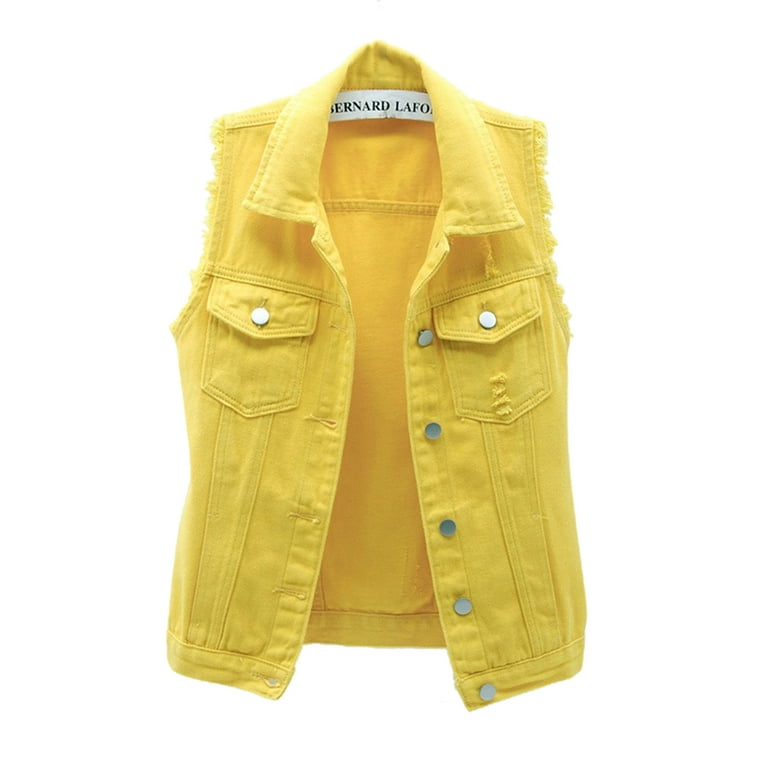 Musuos Women's Classic Washed Denim Vest, Sleeveless Solid Color Button Down Jean Jacket, Size: Small, Yellow