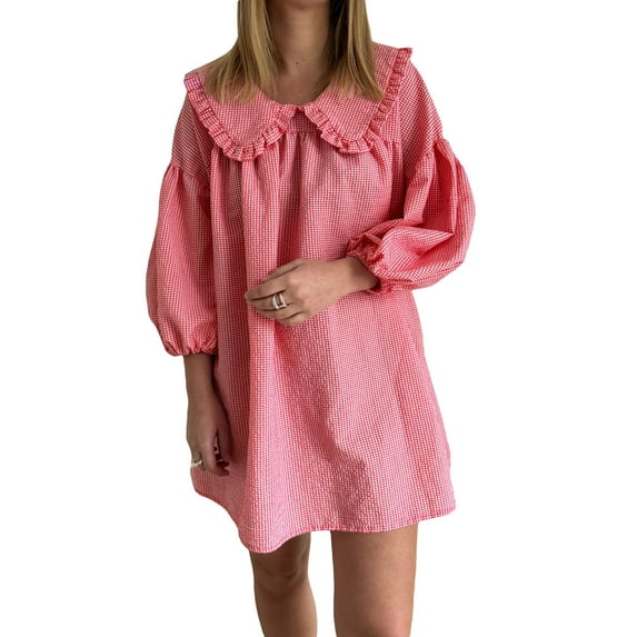 Musuos Women's Cute Babydoll Dresses Plaid Print 3/4 Puff Sleeve Doll Collar Loose Mini Dress Casual Summer Clothes