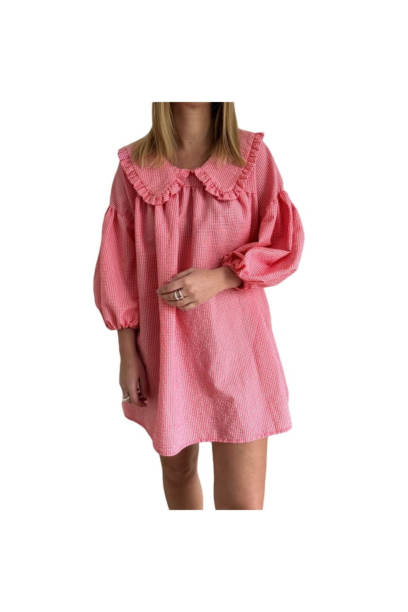 Women's Cute Babydoll Dresses Plaid Print 3/4 Puff Sleeve Doll Collar Loose Mini Dress Casual Summer Clothes