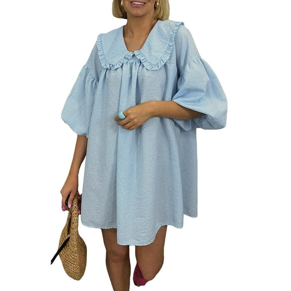 Musuos Women's Cute Babydoll Dresses Plaid Print 3/4 Puff Sleeve Doll Collar Loose Mini Dress Casual Summer Clothes