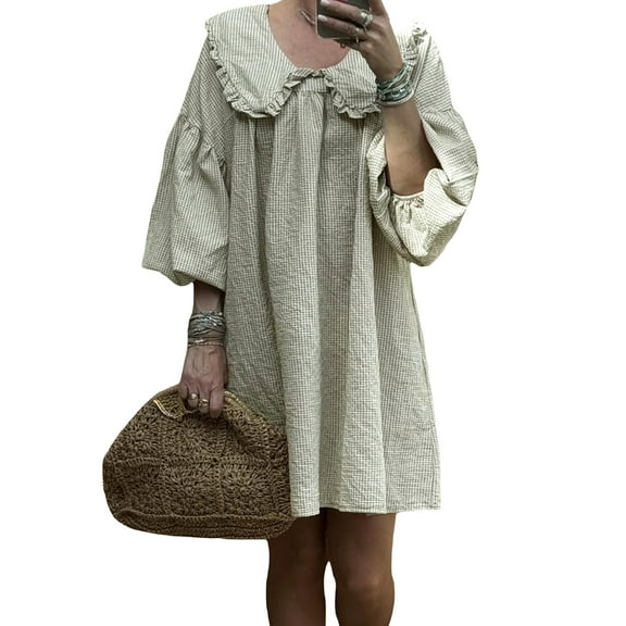 Musuos Women's Cute Babydoll Dresses Plaid Print 3/4 Puff Sleeve Doll Collar Loose Mini Dress Casual Summer Clothes