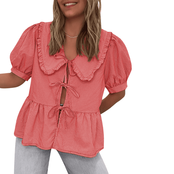 Musuos Women's Cute Babydoll Tops Striped Doll Collar Elbow-Sleeve Open Front Tie-Up Loose Ruffle Shirt for Summer