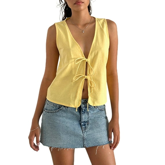 Musuos Women's Double Front Tie Closure Tank Tops Sleeveless Summer V-Neck Solid Color Casual Vest