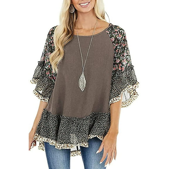 Musuos Women's Half Sleeve Blouse, Casual Leopard Floral Printed Patchwork Round Neck Loose Fit Tops