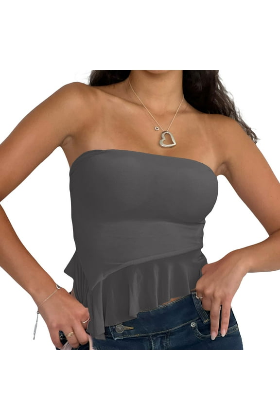 Women's Irregular Hem Bandeau Crop Tops, Summer Solid Color Strapless Tube Tops for Culb