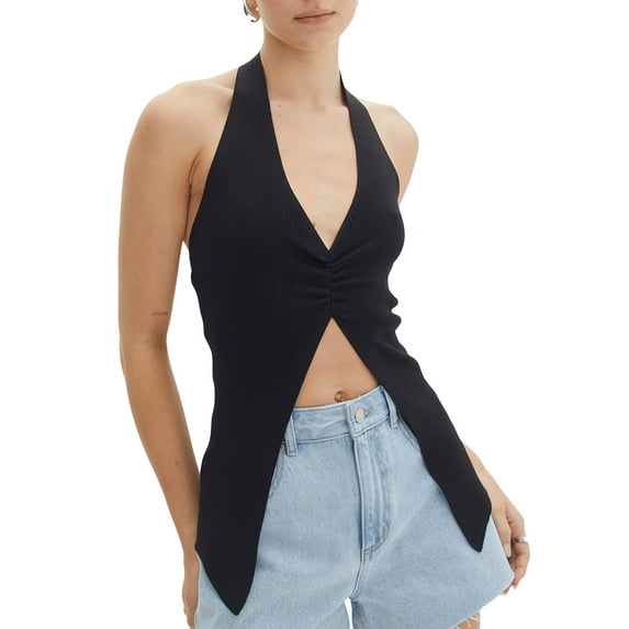 Musuos Women's Knit Halter Tank Tops Solid Color Ribbed Backless Split Hem Slim Vest Streetwear Summer Clothes