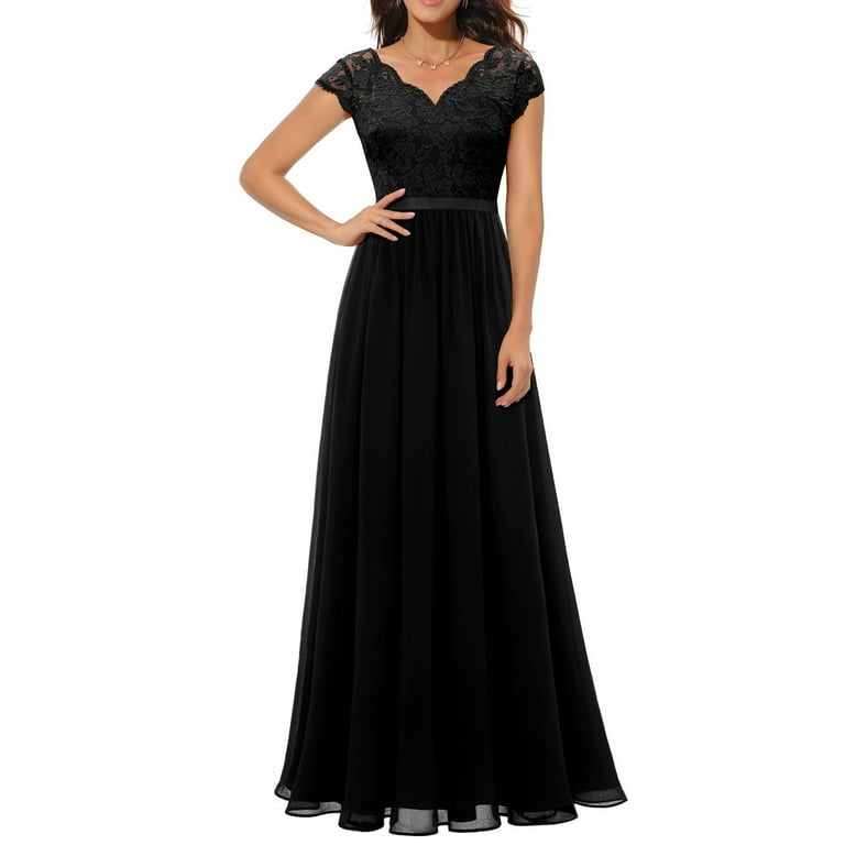 Musuos Women s Long Evening Dress Solid Color Lace Patchwork