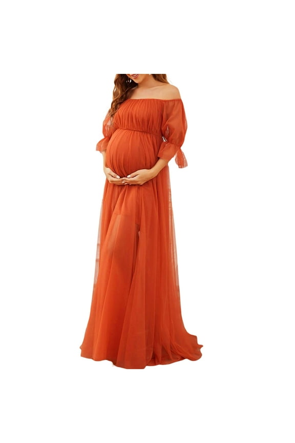 Women's Long Maternity Dress Short Sleeve Off Shoulder Tulle Gown Pregnancy Dress for Photoshoot