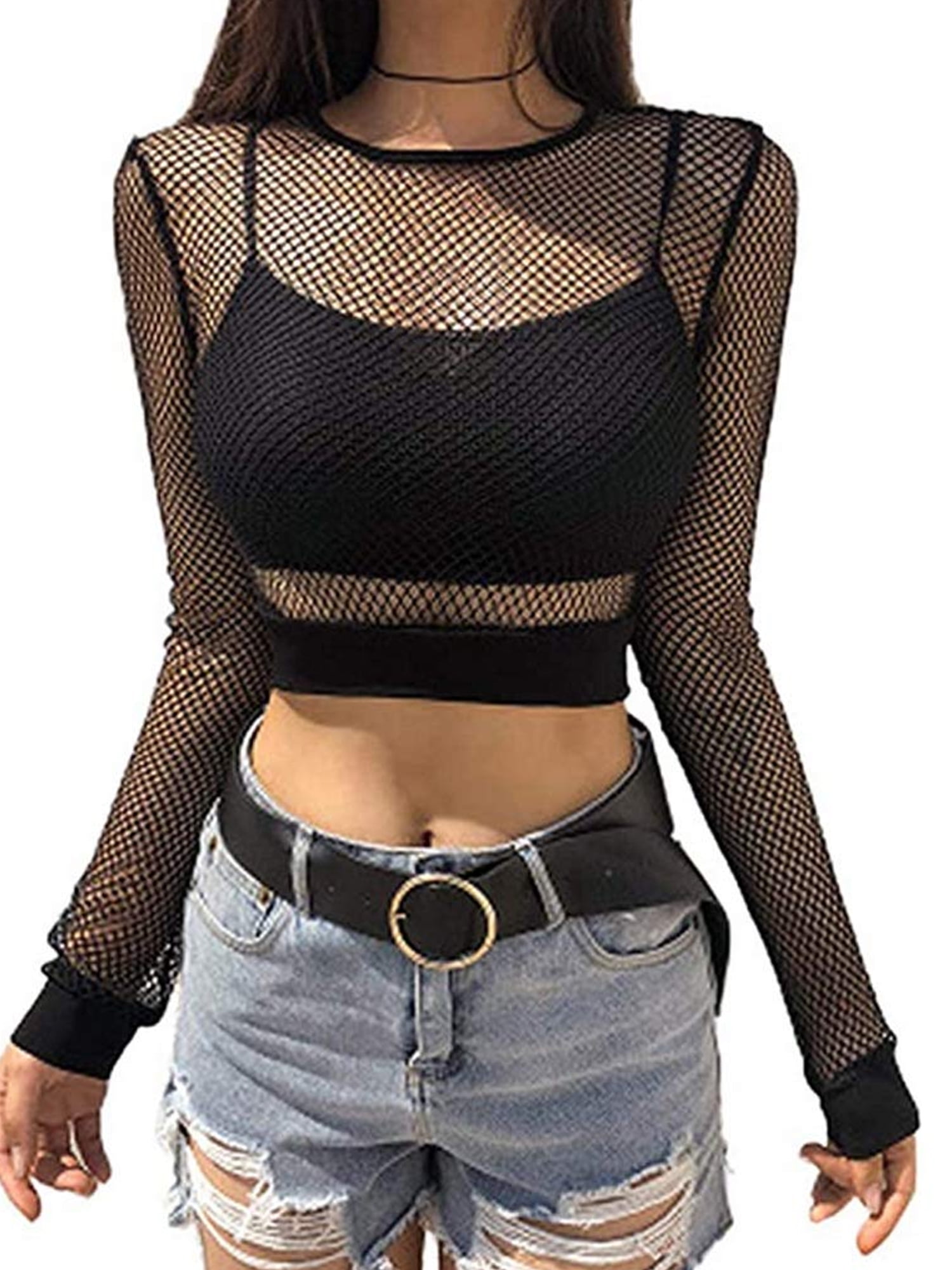 MRULIC lingerie for women Women's Sheer Mesh See-Through Long Sleeve Crop  Tops Casual Clubwear Mini Dress Black + XXL 