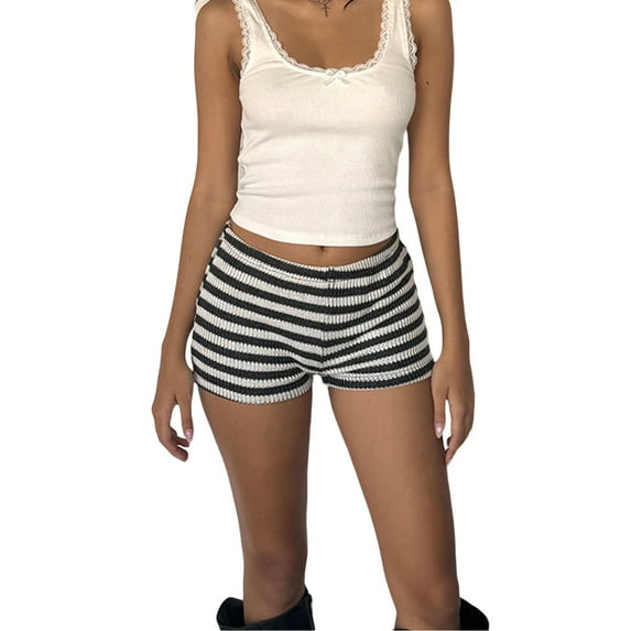 Musuos Women's Mini Knit Shorts Stripe Print Low Rise Slim Fit Straight Leg Short Pants Streetwear