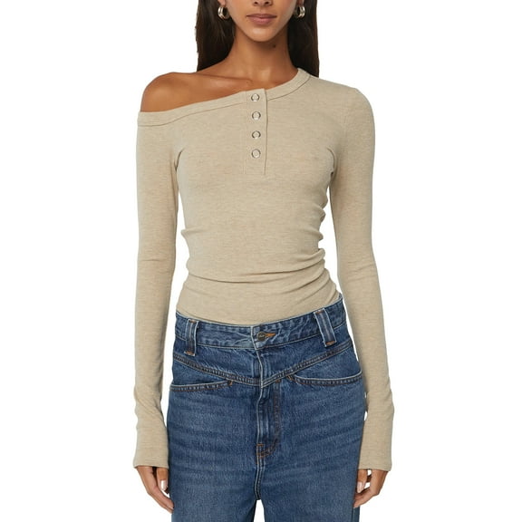 Musuos Women's One Shoulder Shirts Long Sleeve Solid Color Button Down Tops Slim Fit T-Shirts