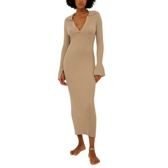 Musuos Women's Ribbed Knit Midi Dress Long Sleeve Lapel Collar Solid Color Bodycon Dress Going Out Dress