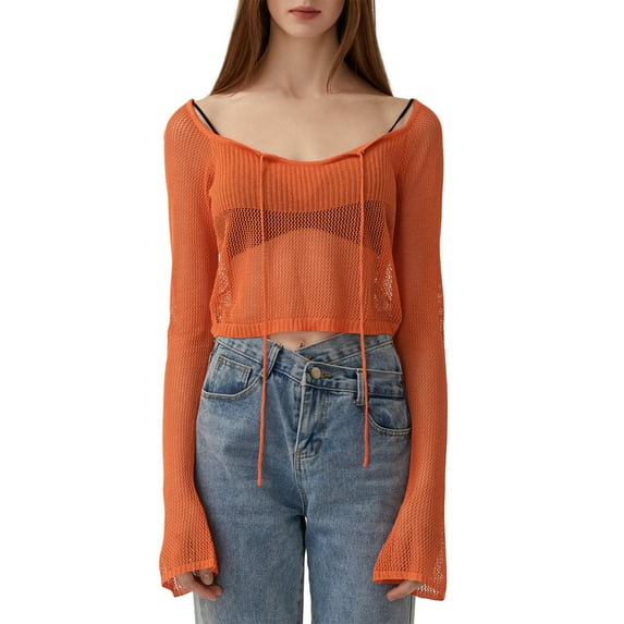 Musuos Women’s See-though Knit Crop Tops Long Sleeve Tie-Up Front Solid Color T-Shirts Spring Summer Streetwear