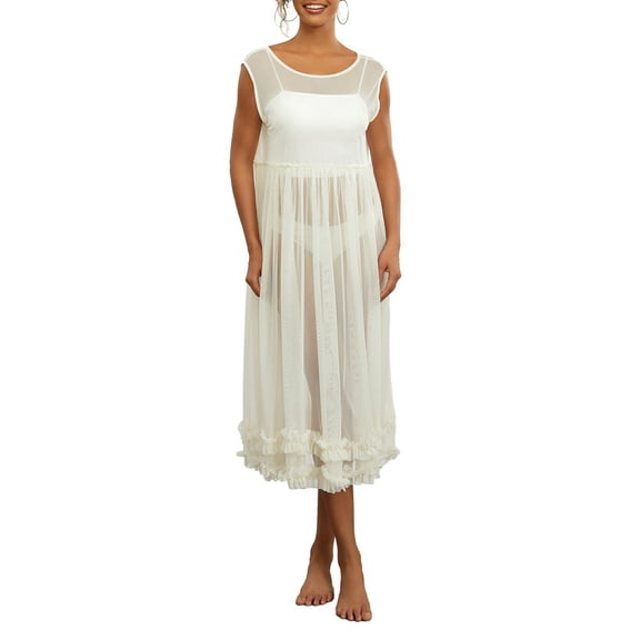 Musuos Women's Sheer Mesh Midi Dress Solid Color Crew Neck Ruffles Sleeveless See-Through Cover-Ups Dress for Beach