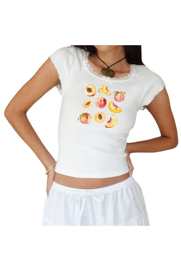 Women's Slim Fit Crop Top Cap Sleeve Lace Trim Crew Neck Fruit Print T-Shirts for Summer