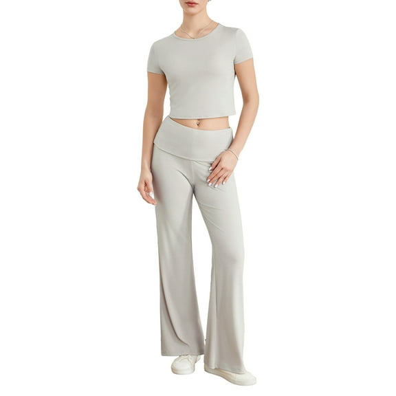 Musuos Women’s Slim Fit Yoga Outfits Plain Short Sleeve Crew Neck Crop Tops Flare Long Pants Set Casual Activewear