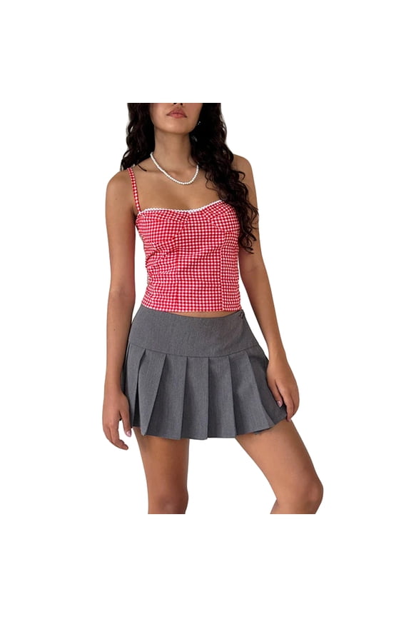 Women's Slim Short Tank Tops Adjustable Spaghetti Strap Open Back Low Cut Plaid Camisole Summer Crop Tops