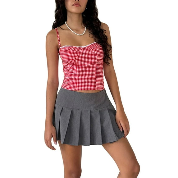 Musuos Women's Slim Short Tank Tops Adjustable Spaghetti Strap Open Back Low Cut Plaid Camisole Summer Crop Tops