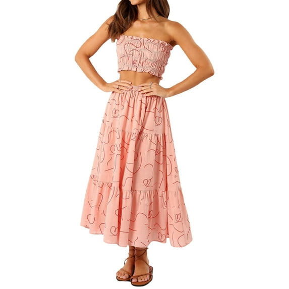Musuos Women's Summer 2 Piece Skirt Outfits Off Shoulder Pattern Print Bandeau Long Flowy Skirt Set for Vacation Beach Daily