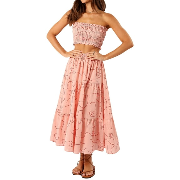 Musuos Women's Summer 2 Piece Skirt Outfits Off Shoulder Pattern Print Bandeau Long Flowy Skirt Set for Vacation Beach Daily