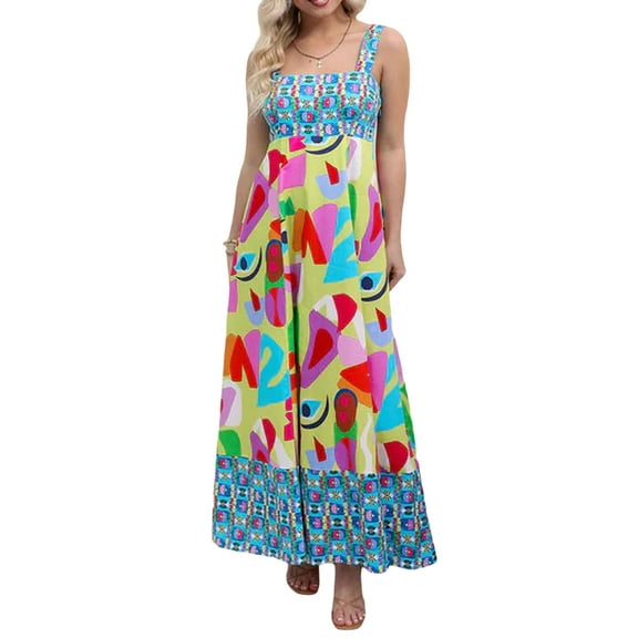 Musuos Women’s Summer Bohemian Style Long Dress Sleeveless Square Neck A-line Flowy Beach Dress