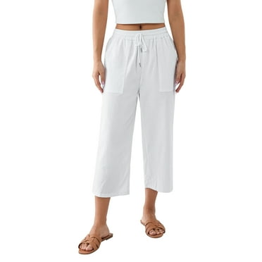 Musuos Women's Summer Capris Drawstring Elastic Waist Solid Color Loose Cropped Pants Casual Trousers