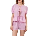 thumbnail image 1 of Musuos Women’s Summer Casual 2 Piece Outfits Puff Sleeve Tie Knot Front Tops + Elastic Waist Shorts Set Loungewear, 1 of 9