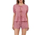 thumbnail image 1 of Musuos Women’s Summer Casual 2 Piece Outfits Puff Sleeve Tie Knot Front Tops + Elastic Waist Shorts Set Loungewear, 1 of 10