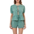 thumbnail image 1 of Musuos Women’s Summer Casual 2 Piece Outfits Puff Sleeve Tie Knot Front Tops + Elastic Waist Shorts Set Loungewear, 1 of 10