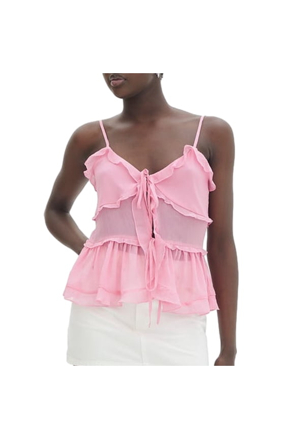 Women's Summer Casual Camisole Sleeveless Backless Solid Color Tie Up Ruffle Vest Casual Tops