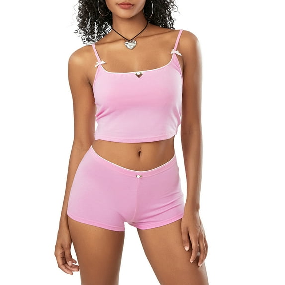 Musuos Women's Summer Clothes 2Pcs Outfits Mini Bow Contrast Trim Cami Tops with Shorts Set Streetwear