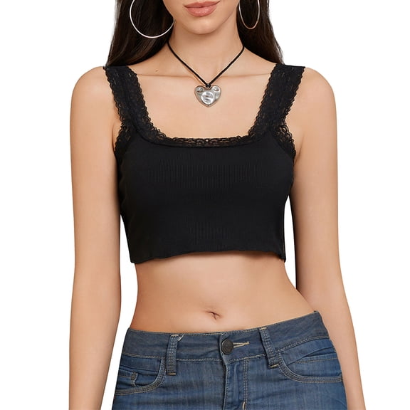 Musuos Women's Summer Crop Tank Tops Solid Color Lace Trim Square Neck Sleeveless Mini Vest Streetwear