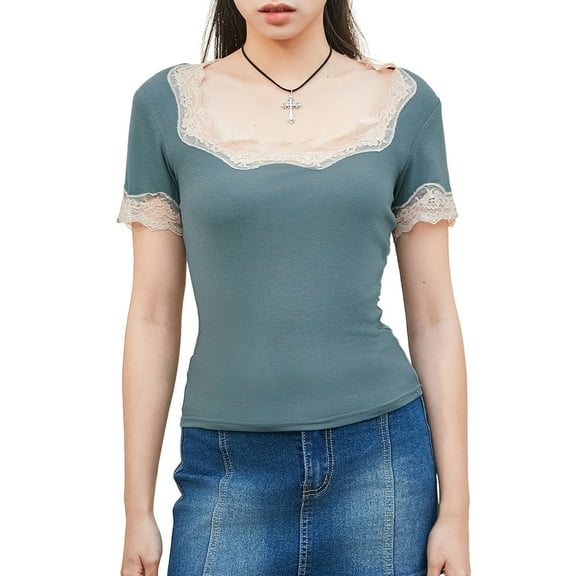 Musuos Women's Summer Crop Tops Tight Fitted Boat Neck Off Shoulder Backless Lace Trim Shirts