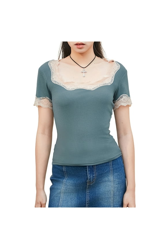 Women's Summer Crop Tops Tight Fitted Boat Neck Off Shoulder Backless Lace Trim Shirts