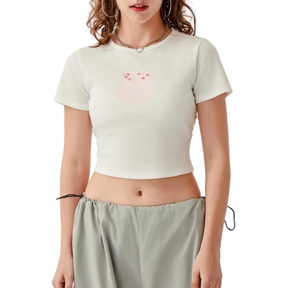 Musuos Women's Summer Crop Tops Tight Fitted Round Neck Short Sleeve Short T-Shirts Tops for Daily Casual