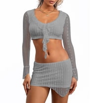 Musuos Women's Summer Lace Outfits Ruffled V-Neck Long Sleeve Crop Tops Mini Bodycon Skirt Set Party Clothes