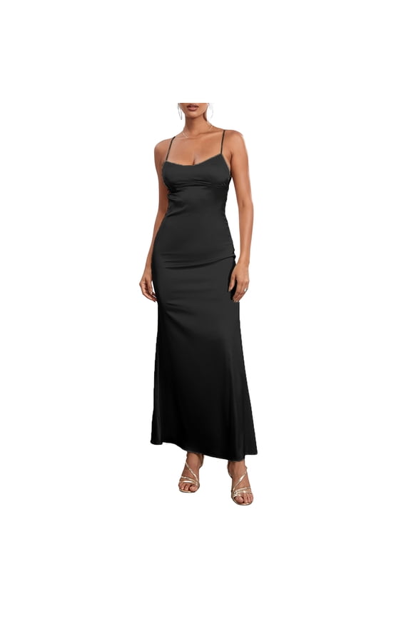 Women's Summer Long Slip Dress Solid Color Sleeveless Spaghetti Strap Low Cut Backless Slim Dress