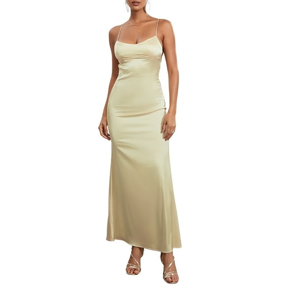 Musuos Women's Summer Long Slip Dress Solid Color Sleeveless Spaghetti Strap Low Cut Backless Slim Dress